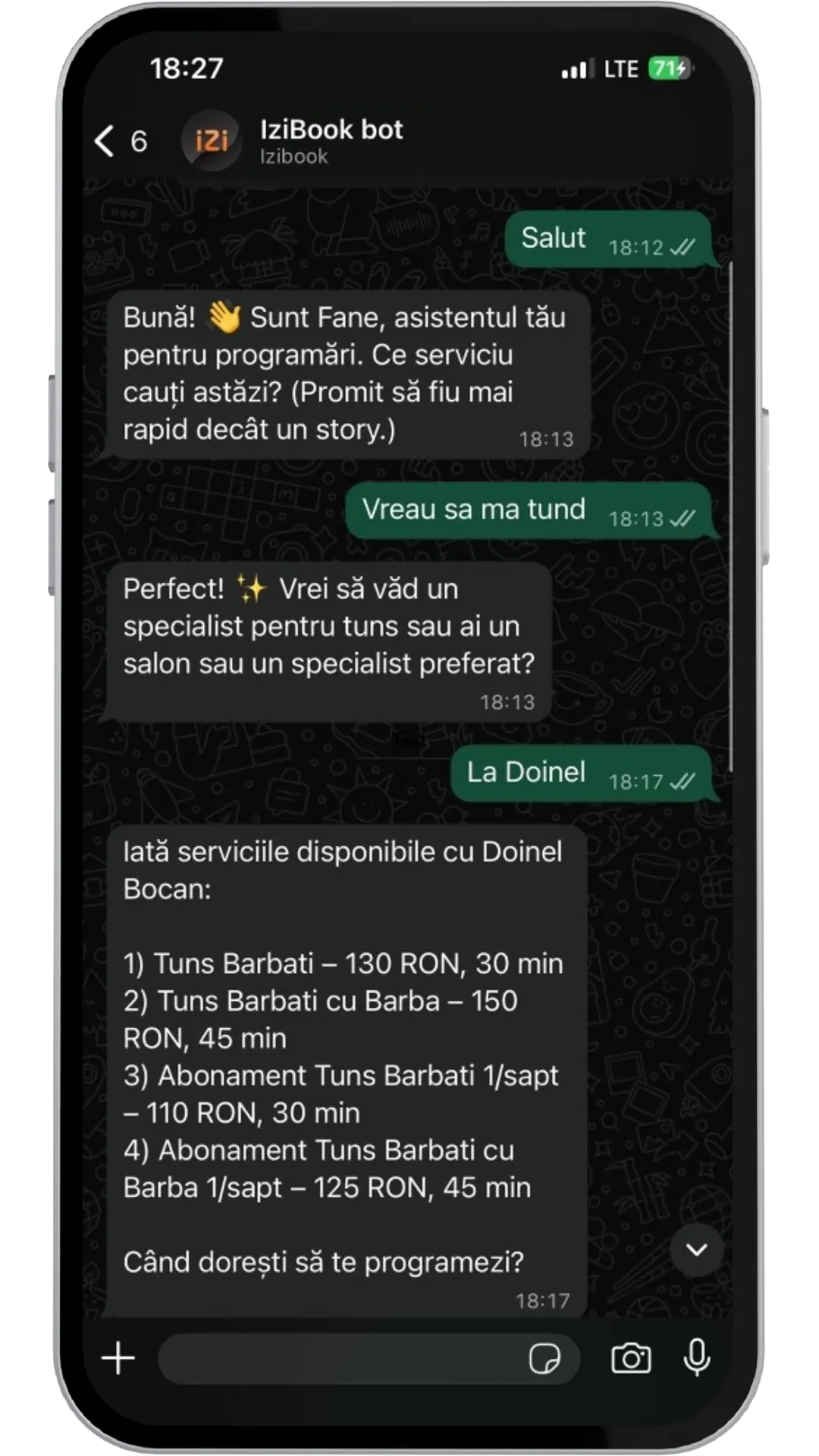 Programari cu Fane AI pe WhatsApp Conversatie WhatsApp cu Fane AI pentru programari la salon