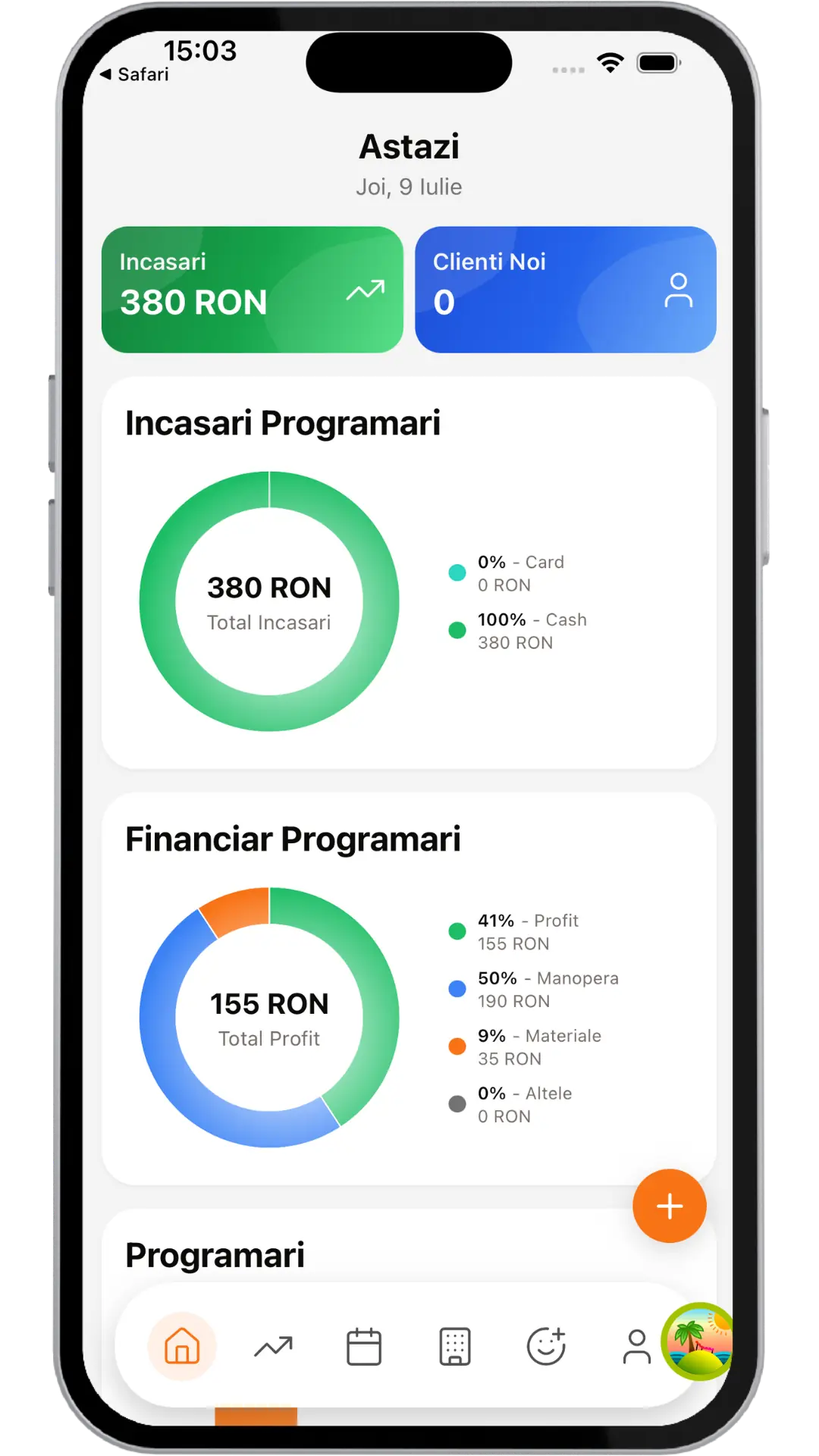 Ecran IziBook manager — incasari de astazi si statistici in timp real