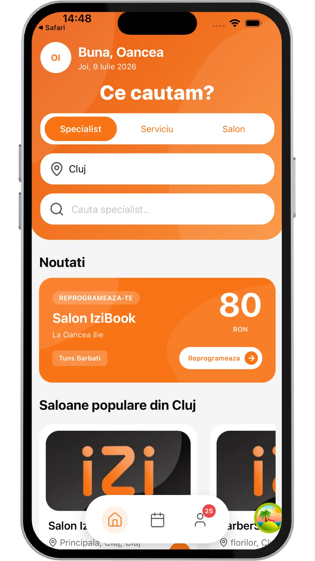 Ecran IziBook client — cautare specialist, serviciu si salon